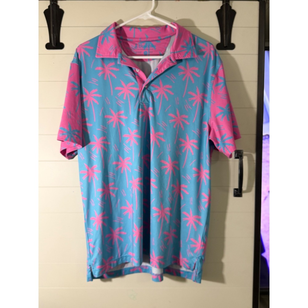 Chubbies Polo Shirt Medium Pink Blue Palm Tree Performance Stretch Golf Tropical